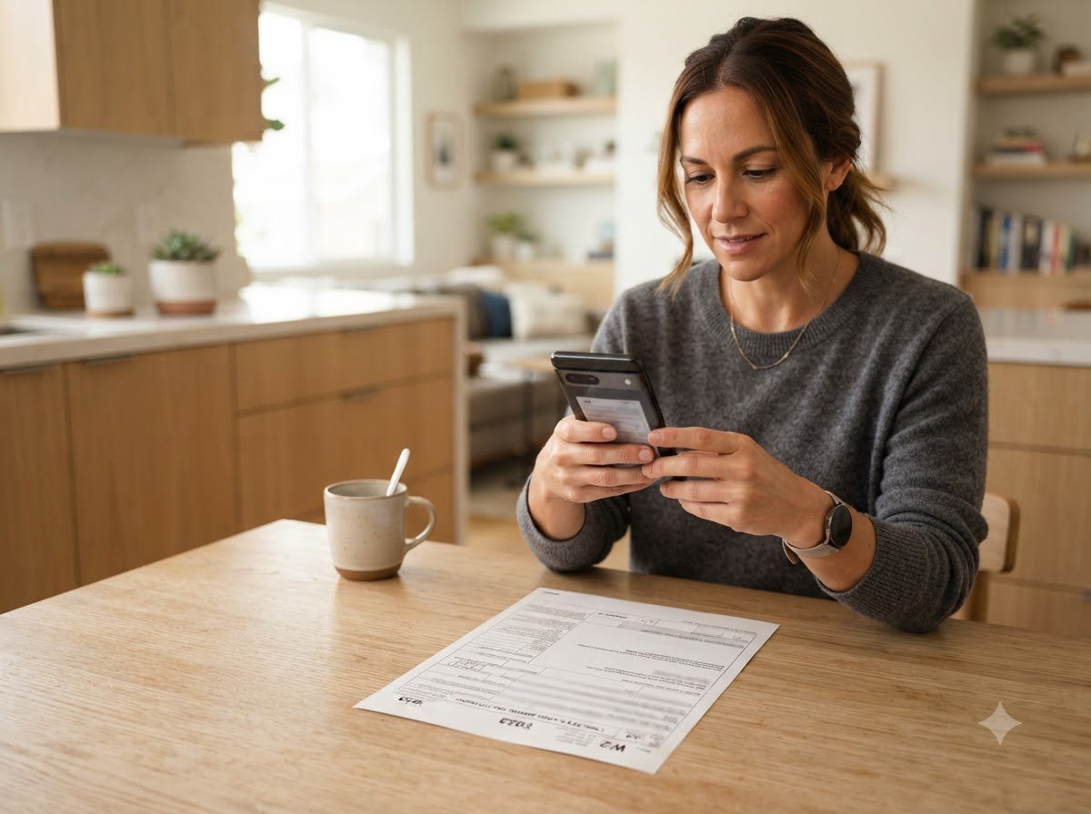 A person photographing a tax document with their phone at home